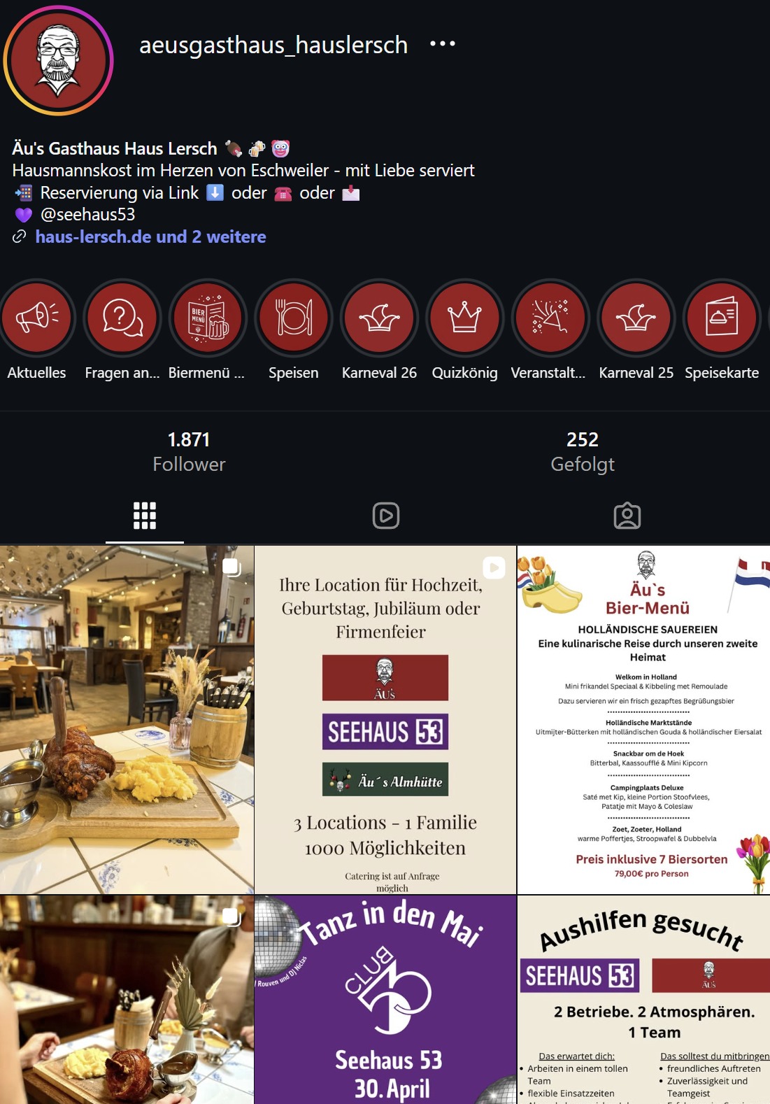 Instagram-Auftritt von Äu's Gasthaus Haus Lersch im eigenen Corporate Design