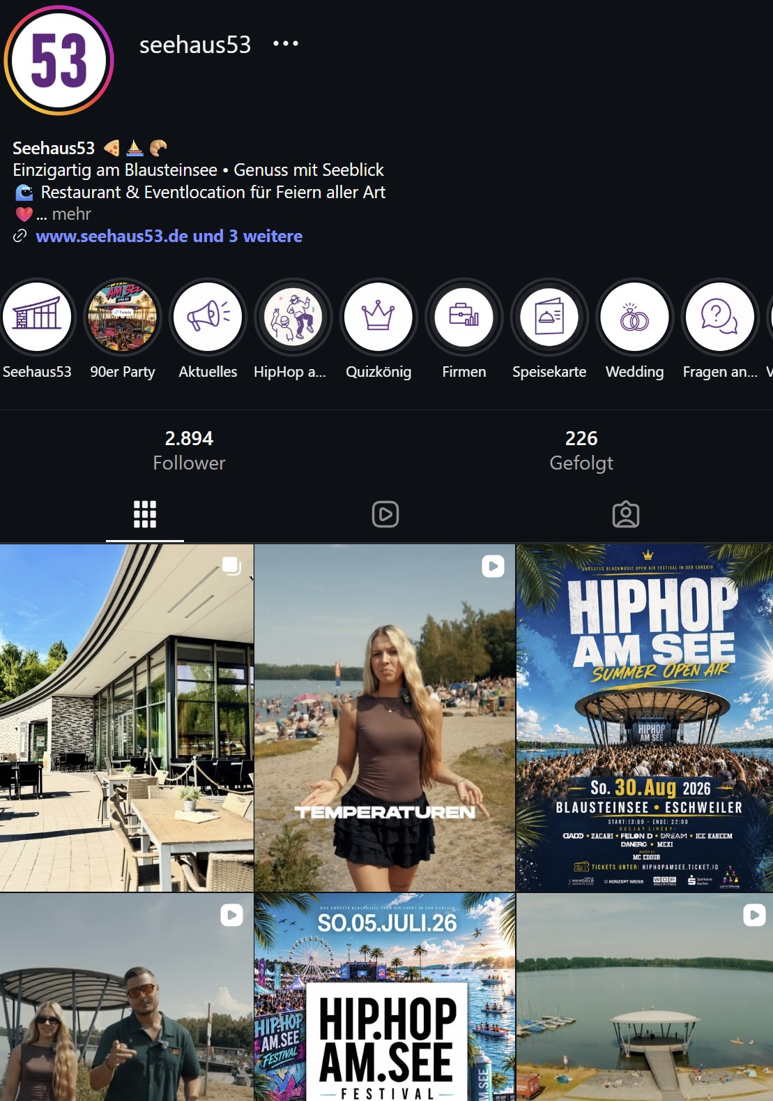 Instagram-Auftritt von Seehaus53 mit Fotografie, Reels und Veranstaltungsdesign